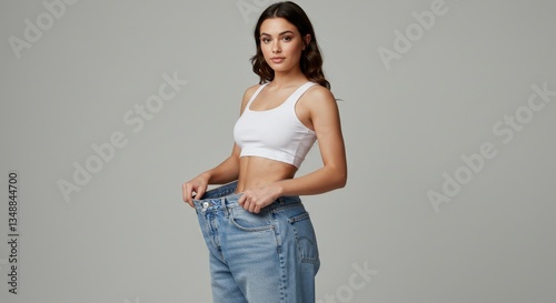 Confident woman holding a pair of loose jeans, reflecting her weight loss achievement and progress.

