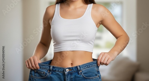Woman with a big smile, holding large jeans and showing her weight loss transformation with confidence.