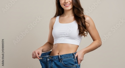Smiling young woman holding oversized jeans, celebrating her weight loss success and feeling proud of her achievement.
