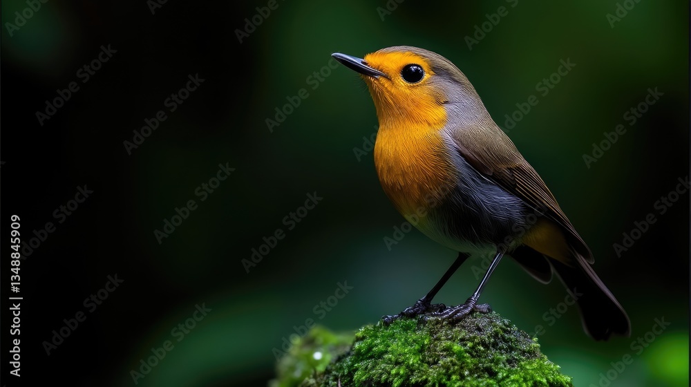 Fototapeta premium Small bird perched on mossy rock
