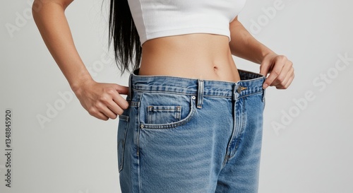 Young woman holding a pair of oversized jeans, smiling confidently, showcasing her weight loss success.
