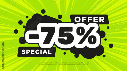 The banner is a special offer minus 75 percent. Black and white letters on a green background.