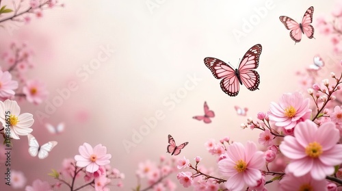 Spring time. Spring pink background with sakura flowers and butterflies Floral background.