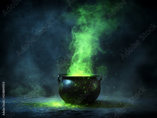 A black cauldron bubbling with green toxic glowing steam