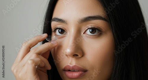 A close-up of a woman placing a contact lens on her eye in a calm, neutral background.
