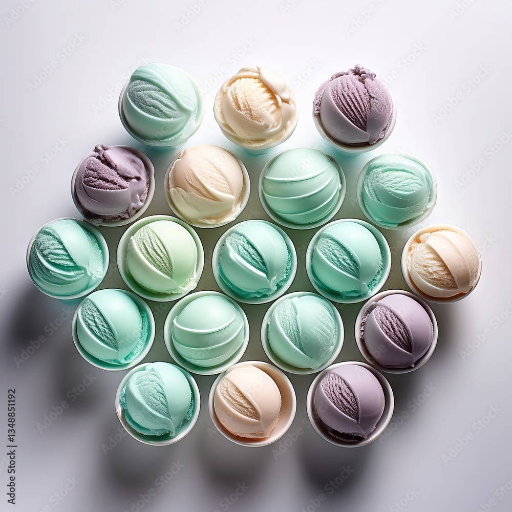 Colorful variety of ice cream scoops arranged neatly on a surface in natural light Colorful variety of ice cream scoops arranged neatly on a surface in natural light