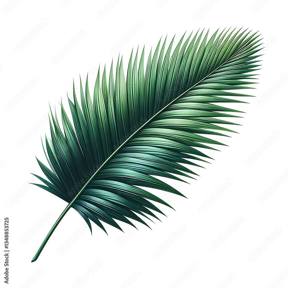 Fototapeta premium Realistic palm leaf with intricate details and natural shading, ideal for nature, summer, and botanical-themed creative projects.