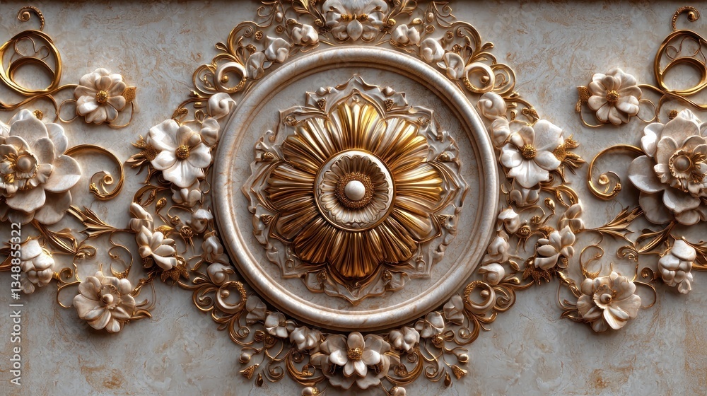 Ornate golden floral relief design on a textured background, showcasing intricate craftsmanship Ornate golden floral relief design on a textured background, showcasing intricate craftsmanship