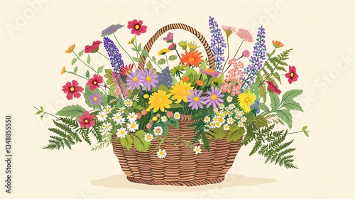 A woven basket filled with colorful flowers and greenery.