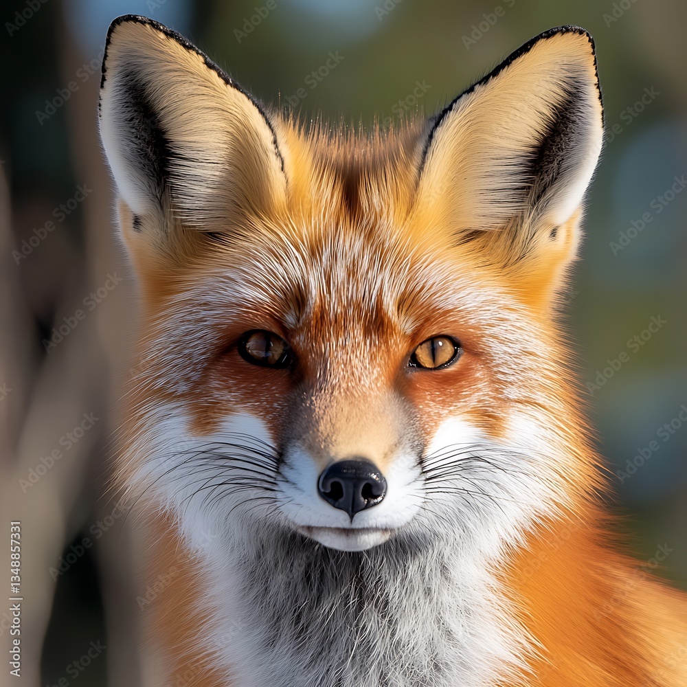 Fototapeta premium A beautiful red fox with attentive eyes staring at viewer