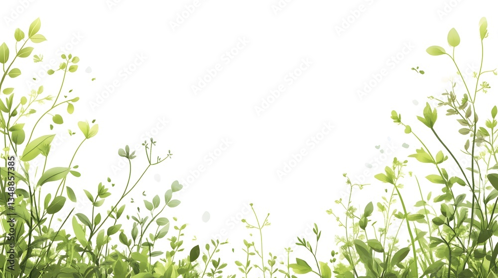 Watercolor illustration features green plants and grass against white background Watercolor illustration features green plants and grass against white background