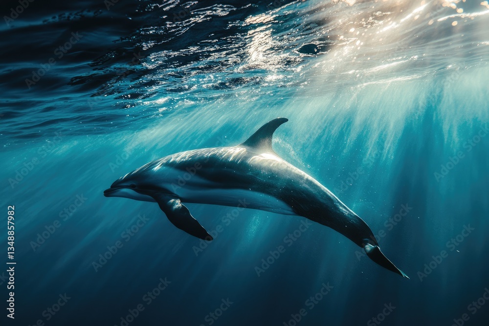 Naklejka premium Minke Whale Swimming near the Surface in the Blue Ocean