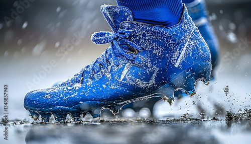 Close-up of blue football cleats splashing through puddles during a rain-soaked game