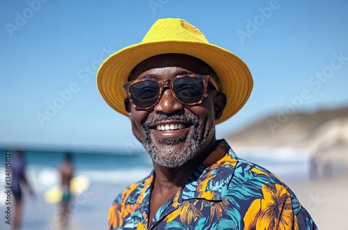 a happy African man wearing sunglasses, a Hawaiian shirt, and a yellow hat, smiling at the camera and standing on a beach in South Africa.