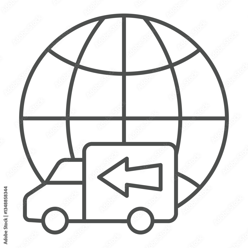 World globe with deliverer truck thin line icon, delivery concept. Vector graphics. Delivery vehicle transport sign on white background, outline style icon for mobile or web design. World globe with deliverer truck thin line icon, delivery concept. Vector graphics. Delivery vehicle transport sign on white background, outline style icon for mobile or web design.