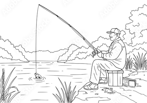Fishing on lake drawing illustration for coloring book