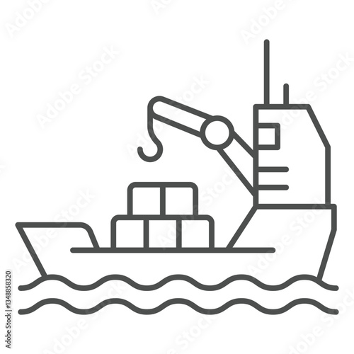 Cargo containers on vessel thin line icon, shipping concept. Vector graphics. Delivery ship with crane sign on white background, outline style icon for mobile or web design.