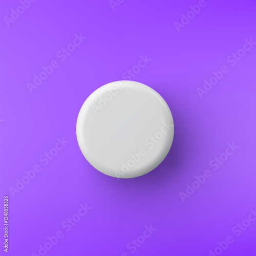 3d vector white plastic round button on purple background. Realistic minimal icon with shadow.