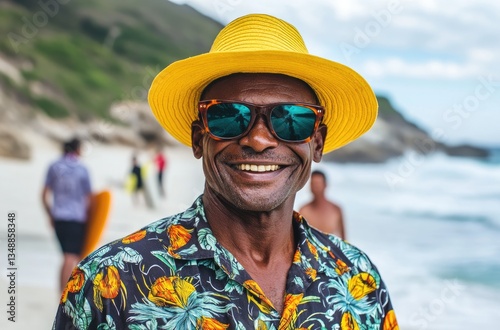 a happy African man wearing sunglasses, a Hawaiian shirt, and a yellow hat, smiling at the camera and standing on a beach in South Africa.