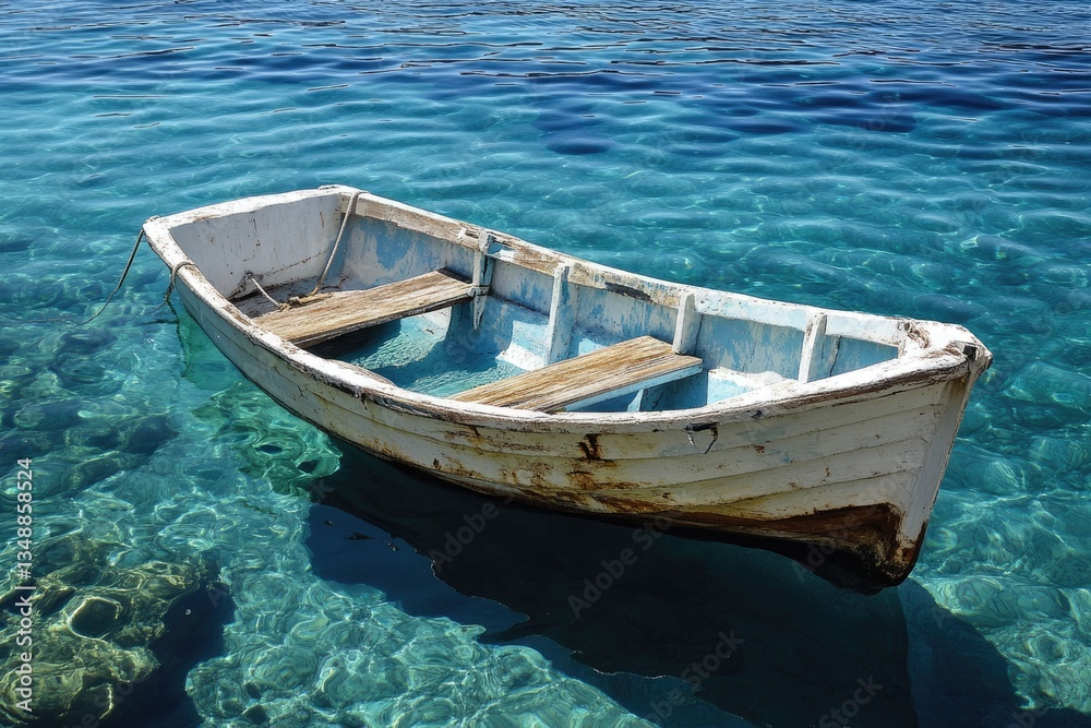 Missed The Boat. Summer Way Off in Blue Ocean Calm Wave Missed The Boat. Summer Way Off in Blue Ocean Calm Wave