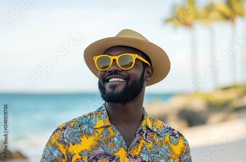 a happy African man wearing sunglasses, a Hawaiian shirt, and a yellow hat, smiling at the camera and standing on a beach in South Africa.