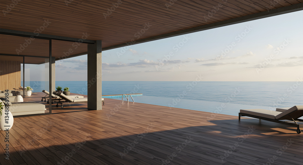 Fototapeta premium Contemporary Beachfront Villa with Infinity Pool and Wooden Floor Deck 