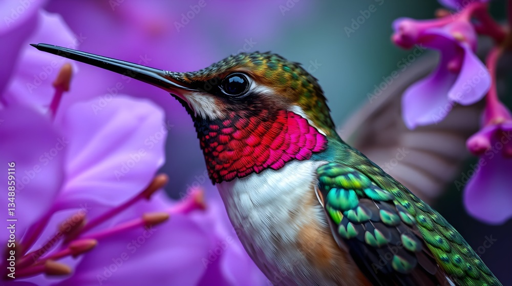 Naklejka premium A majestic hummingbird blending with a cosmic background.