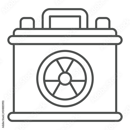 Electric accumulator with radioactivity seal thin line icon, atomic energy concept. Vector graphics. Battery container, radiation sign on white background, outline style icon for mobile or web.