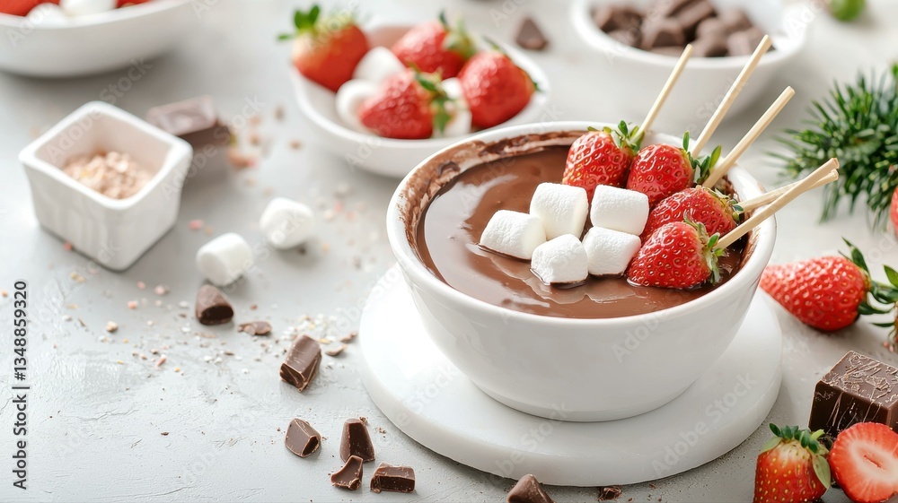 Delicious chocolate fondue served with fresh strawberries and marshmallows on skewers. Delicious chocolate fondue served with fresh strawberries and marshmallows on skewers.