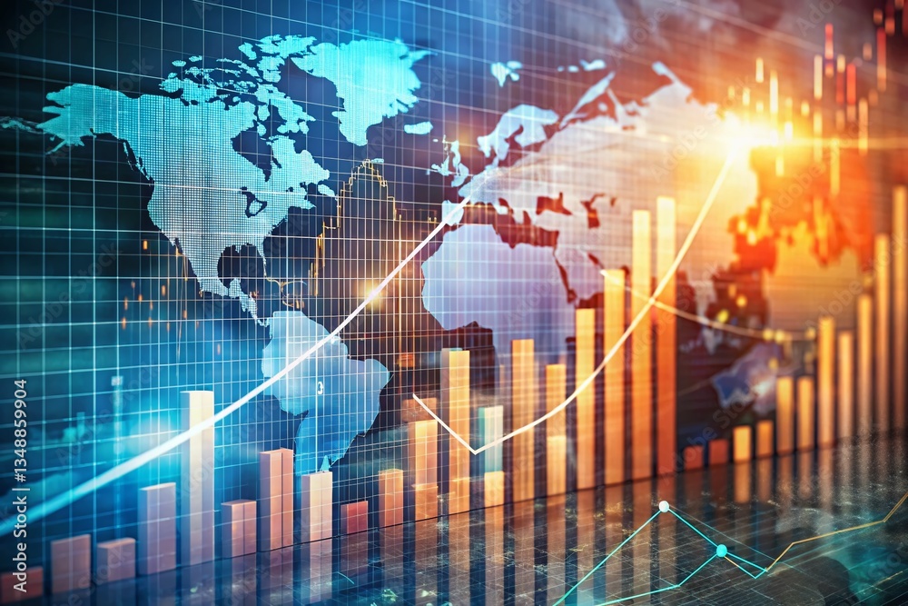 3D Business Growth Chart: Global Financial Data on Abstract Background 3D Business Growth Chart: Global Financial Data on Abstract Background