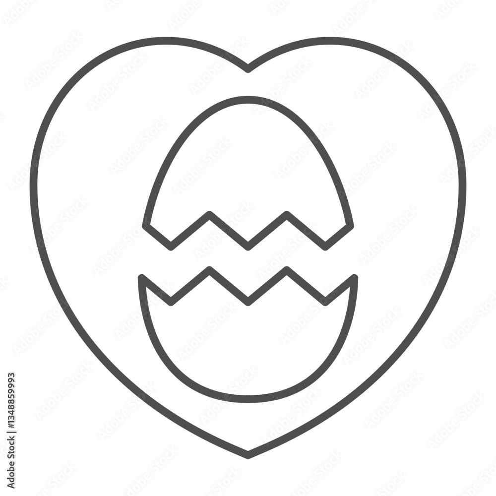 Heart shape with cracked egg thin line icon, easter holiday concept. Vector graphics. Chicken egg sign on white background, outline style icon for mobile or web design. Heart shape with cracked egg thin line icon, easter holiday concept. Vector graphics. Chicken egg sign on white background, outline style icon for mobile or web design.