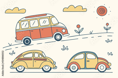 69 Colorful cartoon vehicles, flat design, vintage cars and buses, retro transportation icons, side view illustrations, diverse vehicle types, miniature toy-like cars, simplified geometric shapes, che