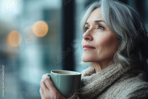 side shot of doubthful woman looking up, 50 years old, holding a mug, blurred backround