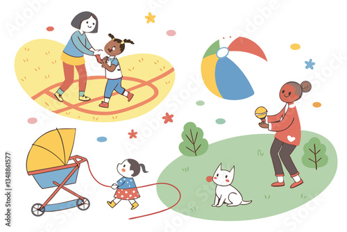 70 Colorful cartoon characters, diverse activities, playful scenes, children and adults, pets and animals, outdoor and indoor settings, family interactions, sports and games, picnic, ice skating, jump