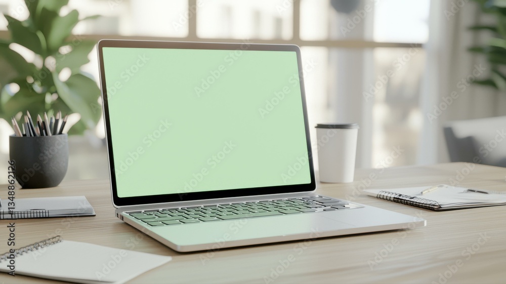 Fototapeta premium Modern workspace with an open laptop on a wooden desk surrounded by plants and notebooks in a bright home office.