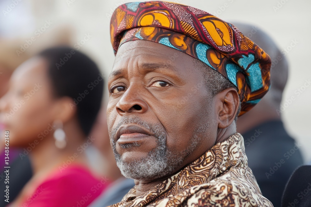 Elderly Man with Colorful Hat Watching Event Elderly Man with Colorful Hat Watching Event