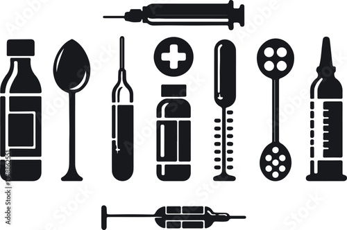 Medicine spoon set vector,Drug, Pharmacy Medical Line Icons. Vector Illustration Included Icon as Effervescent Pills, Cough Syrup Bottle, Gel, Antibiotic Capsule and other Pharmaceutical Pictogram