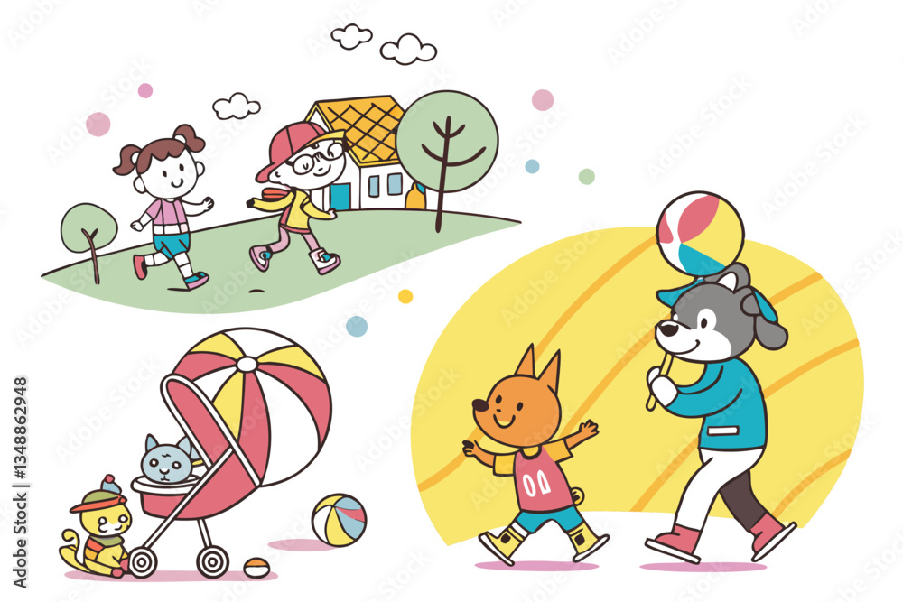 Obraz premium 70 Colorful cartoon characters, diverse activities, playful scenes, children and adults, pets and animals, outdoor and indoor settings, family interactions, sports and games, picnic, ice skating, jump