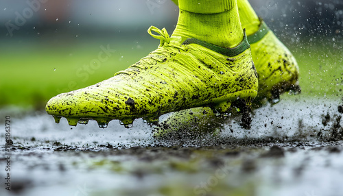 Close-up of vibrant yellow soccer cleats splashing through muddy grass on a rainy day