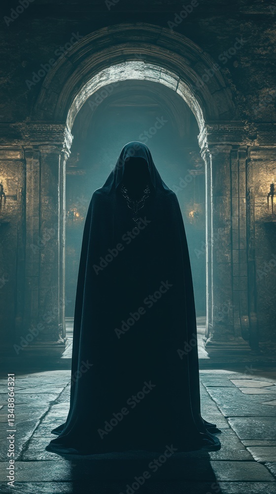 Mysterious figure in dark cloak stands in ancient stone hall Mysterious figure in dark cloak stands in ancient stone hall