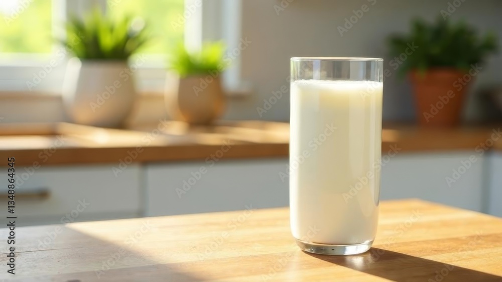 glass of milk stands on wooden surface against kitchen background glass of milk stands on wooden surface against kitchen background