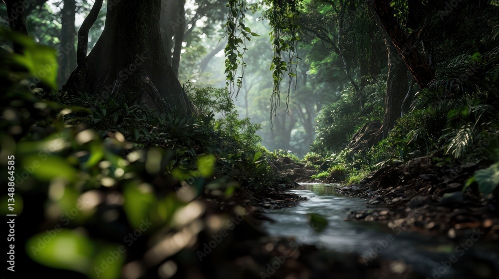 Naklejka premium Serene forest landscape with a flowing stream, dappled sunlight, and lush greenery in the background