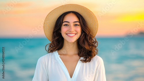 A portrait of a young woman on a beach at sunset