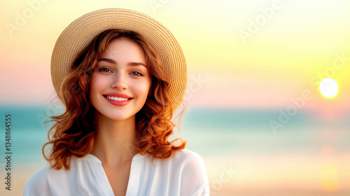 A portrait of a young woman on a beach at sunset