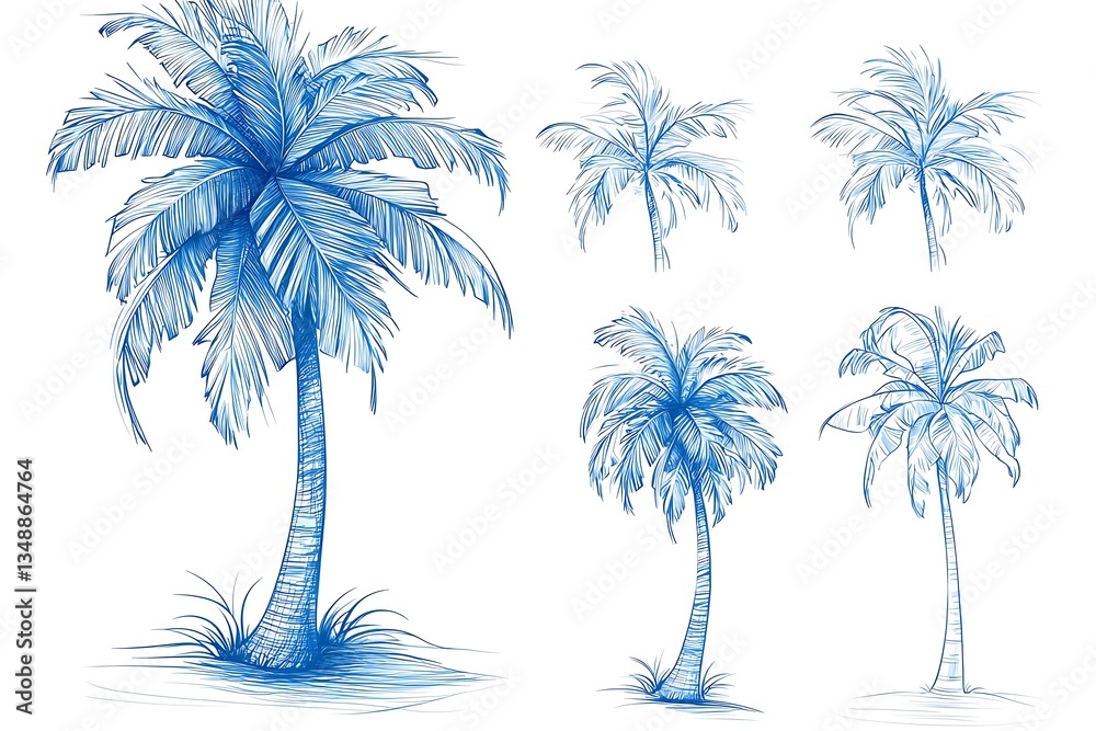 Fototapeta premium Blue Sketch Palm Trees.