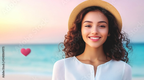 A portrait of a young woman on a beach at sunset