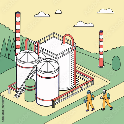 an illustration of a factory with people working