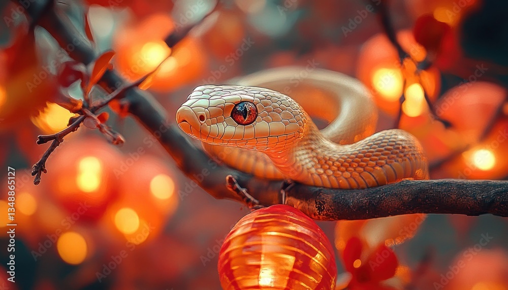 Fototapeta premium Chinese New Year 2025 Celebration with Golden Snake and Glowing Red Lanterns in the Background