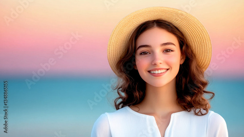A portrait of a young woman on a beach at sunset