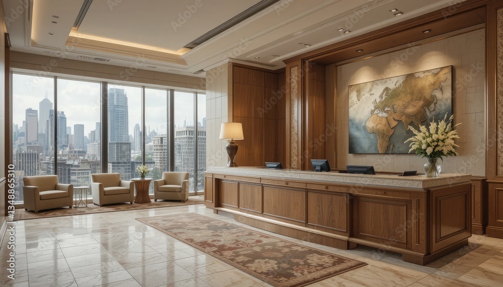 Fototapeta premium Reception desk and city view in an elegant hotel lobby